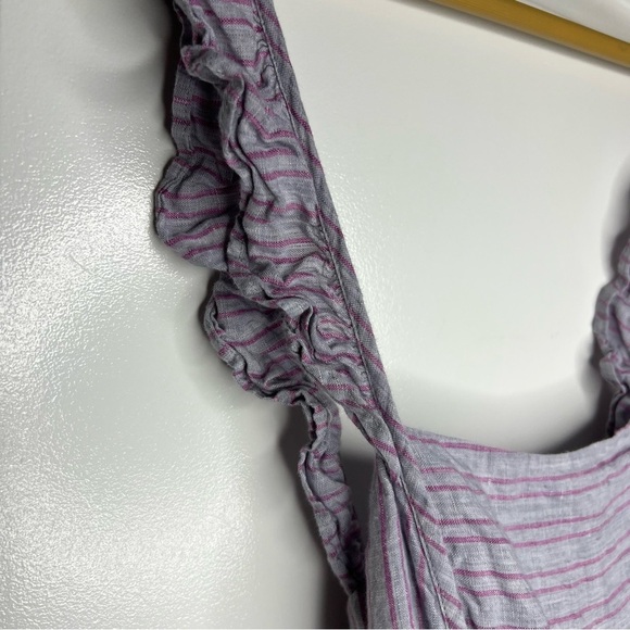 Anthropologie Elevenses Nantucket gray pink striped linen ruffle jumpsuit size 4 - Picture 3 of 7
